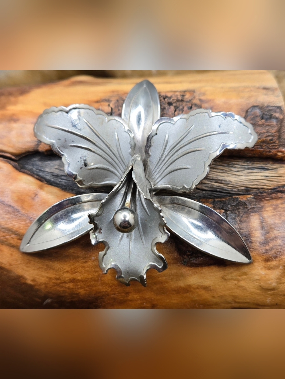 Orchid Brooch Pin Silver Tone Shiny & Matte Finishes Vintage 2½"
